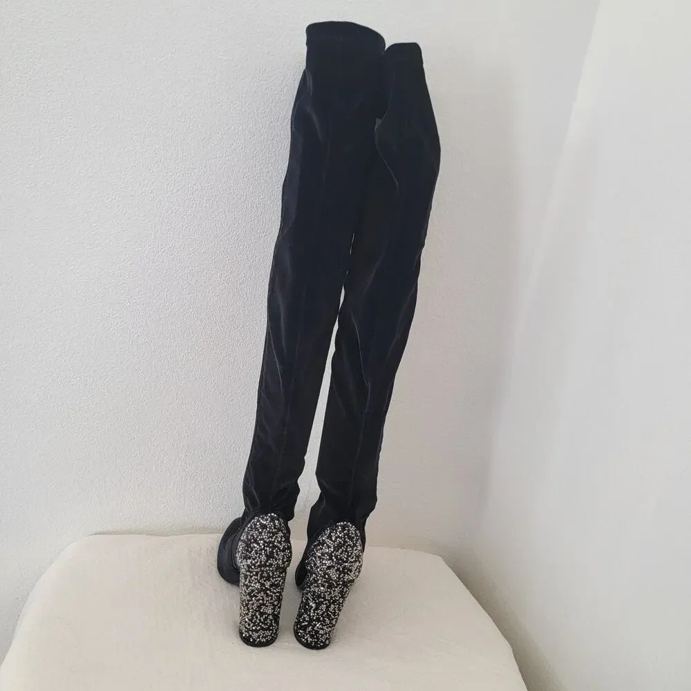 Over the Knee Boot Zip Glittery Block Heel Velvet‎ Sz 7 Whimsygoth Party Concert